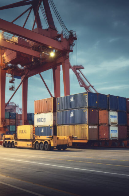 Logistics and transportation of Container Cargo ship and Cargo plane with working crane bridge in shipyard at sunrise, logistic import export and transport industry background.